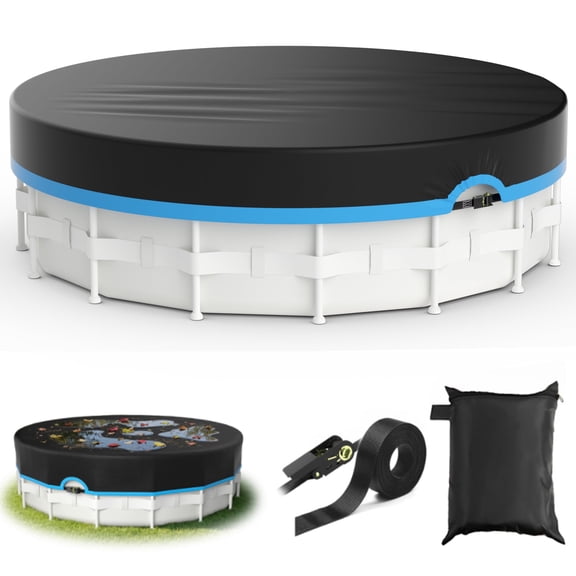 Agricasst 16FT Round Pool Cover, 420D Solar Pool Covers for Above Ground Pool with Strap & Drawcord Tightener, Inflatable Pool Cover for UV Resistant, Waterproof, Snowproof & Windproof, Blue