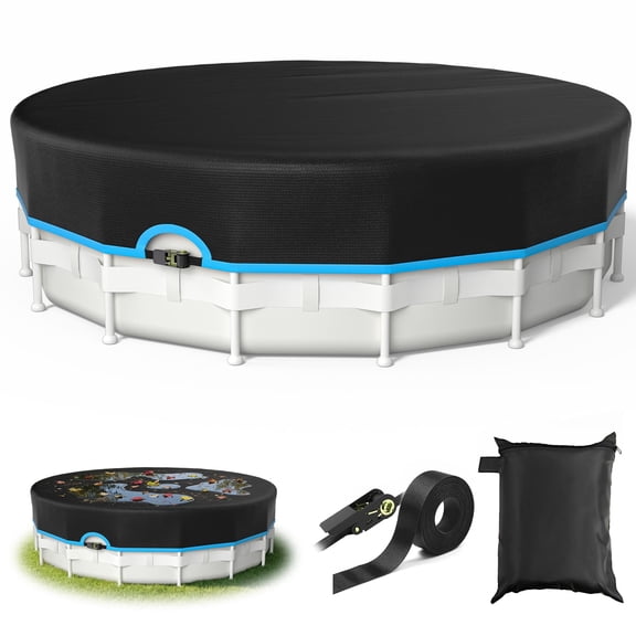 Agricasst 22FT Round Pool Cover, 420D Solar Pool Covers for Above Ground Pool with Strap & Drawcord Tightener, Inflatable Pool Cover for UV Resistant, Waterproof, Snowproof & Windproof, Blue