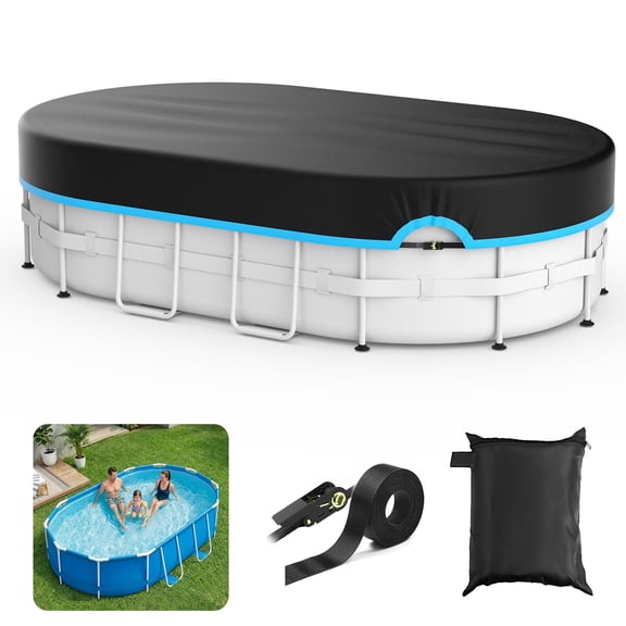 Agricasst 8x14Ft Oval Pool Cover, 420D Solar Pool Covers for Above Ground Pool with Strap & Drawcord Tightener, Inflatable Pool Cover for UV Resistant, Waterproof, Snowproof & Windproof, Blue