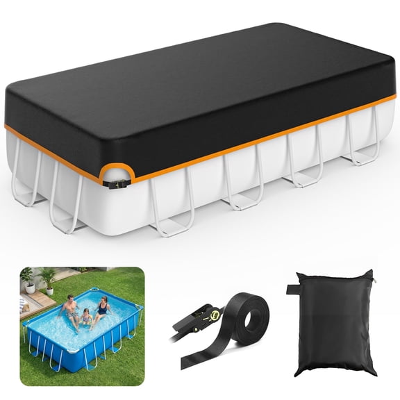 Agricasst 9x18Ft Rectangular Pool Cover, 420D Solar Pool Covers for Above Ground Pool with Strap & Drawcord Tightener, Inflatable Pool Cover for UV Resistant Waterproof Snowproof Windproof, Orange
