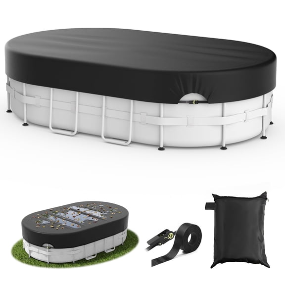 Agricasst Oval Pool Cover 12 x 24FT, 420D Solar Pool Covers for Above Ground Pool with Strap & Drawcord Tightener, Inflatable Pool Cover for UV Resistant, Waterproof, Snowproof & Windproof, Black