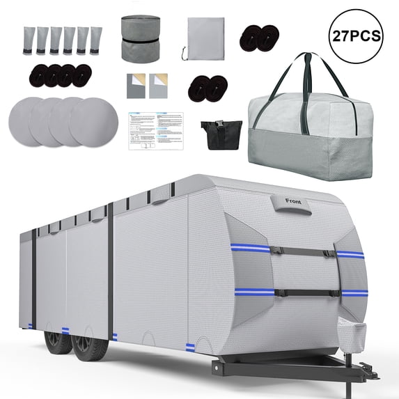 RIVERGRIT Travel Trailer RV Cover, Camper Cover Upgraded 7 Layers 18-20FT, RV Accessories for Windproof Waterproof with 2Pcs Extra Straps & 4 Tire Covers, Blue
