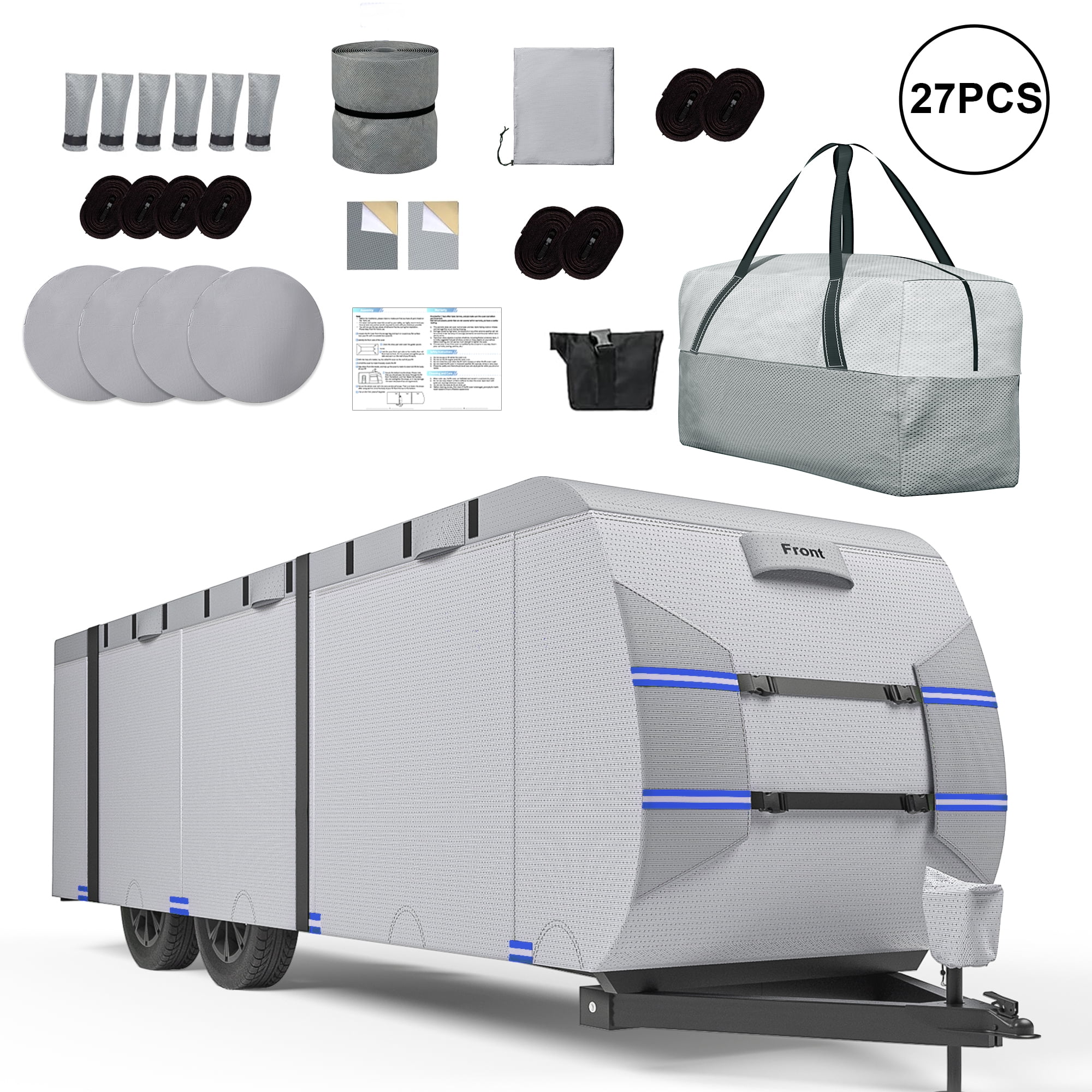 RIVERGRIT Travel Trailer RV Cover, Camper Cover Upgraded 7 Layers 20-22FT, RV Accessories for Windproof Waterproof with 2Pcs Extra Straps & 4 Tire Covers,Blue
