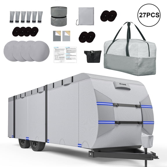 RIVERGRIT Travel Trailer RV Cover, Upgraded 7-Layer Non-Woven Waterproof Windproof Fabric, Blue, Fits 24-27FT, Includes Extra Straps and Tire Covers