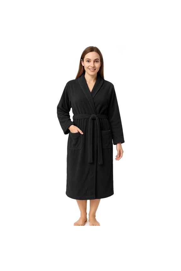 100% Cotton Terry Bathrobe for Men & Women, Absorbent Spa Robe with Shawl Collar, Belt & Pockets - Black