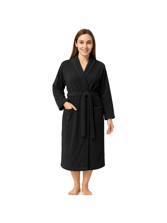 100% Cotton Terry Bathrobe for Men & Women, Absorbent Spa Robe with Shawl Collar, Belt & Pockets - Black