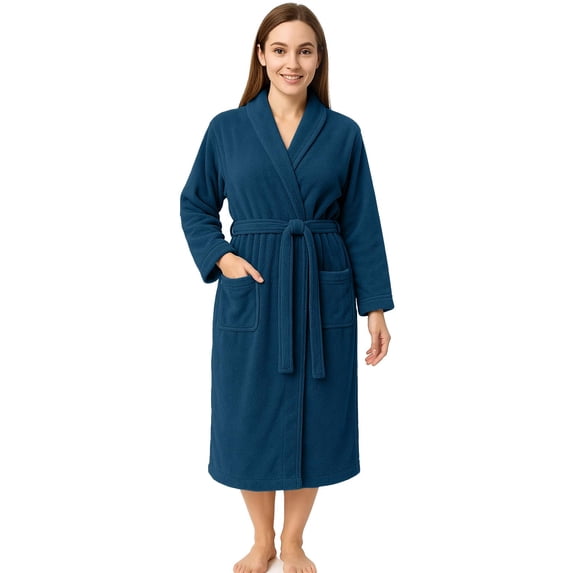 RIVERSIDE 100% Cotton Terry Bathrobe for Men & Women, Absorbent Spa Robe with Shawl Collar, Belt & Pockets - Dark Blue