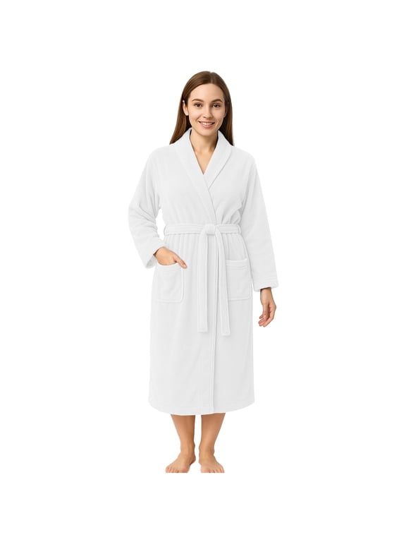 100% Cotton Terry Bathrobe for Men & Women, Absorbent Spa Robe with Shawl Collar, Belt & Pockets - White