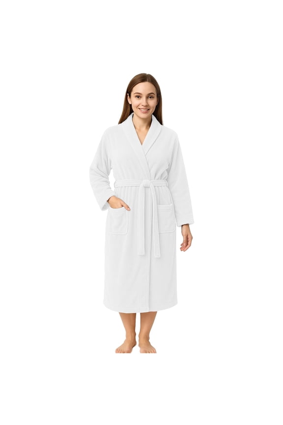 100% Cotton Terry Bathrobe for Men & Women, Absorbent Spa Robe with Shawl Collar, Belt & Pockets - White