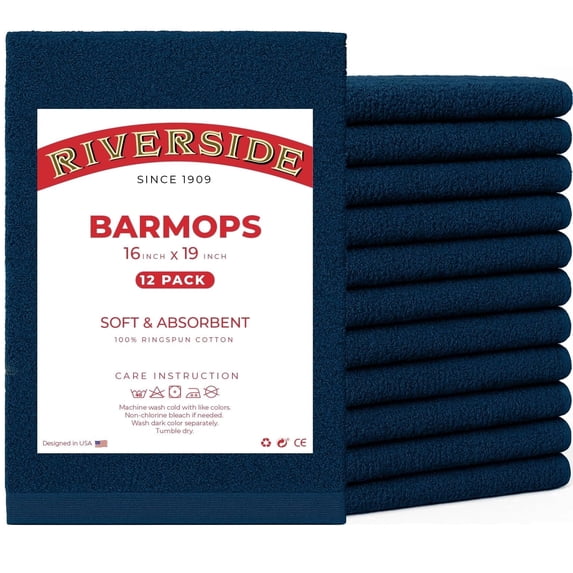 RIVERSIDE 12 Pack Cotton Bar Mop 16x19 Absorbent Kitchen Towels and Cleaning Cloths - Dark Blue
