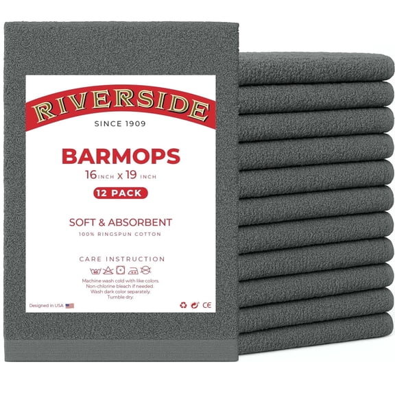 RIVERSIDE 12 Pack Cotton Bar Mop 16x19 Absorbent Kitchen Towels and Cleaning Cloths - Gray