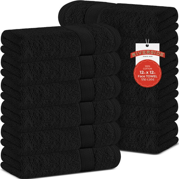 RIVERSIDE 12-Pack Cotton Face Towels 12x12 Ultra Soft & Absorbent Wash Cloths for Body and Face - Black