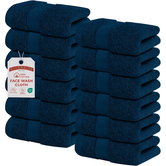 RIVERSIDE 12 Pack Cotton Face Towels 12x12 Ultra Soft & Absorbent Wash Cloths for Gym and Spa - Dark Blue