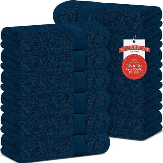 RIVERSIDE 12-Pack Cotton Face Towels 12x12 Ultra Soft & Absorbent Wash Cloths for Body and Face - Dark Blue