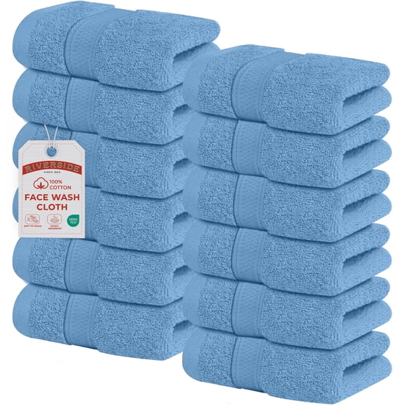 RIVERSIDE 12 Pack Cotton Face Towels 12x12 Ultra Soft & Absorbent Wash Cloths for Gym and Spa - Electric Blue