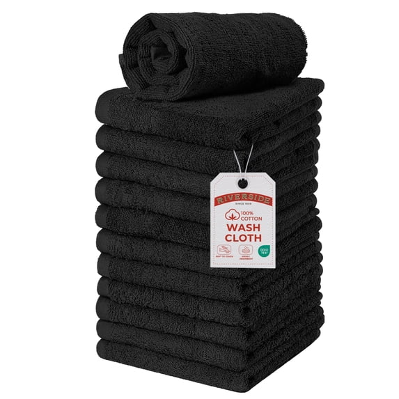 RIVERSIDE 12 Pack Luxury Washcloths 12x12 with Soft Cotton 400 GSM Quick Dry and Absorbent for Face & Body - Black