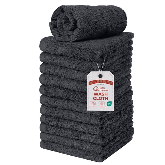 RIVERSIDE 12 Pack Luxury Washcloths 12x12 with Soft Cotton 400 GSM Quick Dry and Absorbent for Face & Body - Charcoal