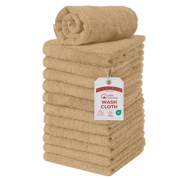 RIVERSIDE 12 Pack Luxury Washcloths 12x12 with Soft Cotton 400 GSM Quick Dry and Absorbent for Face & Body - Tan