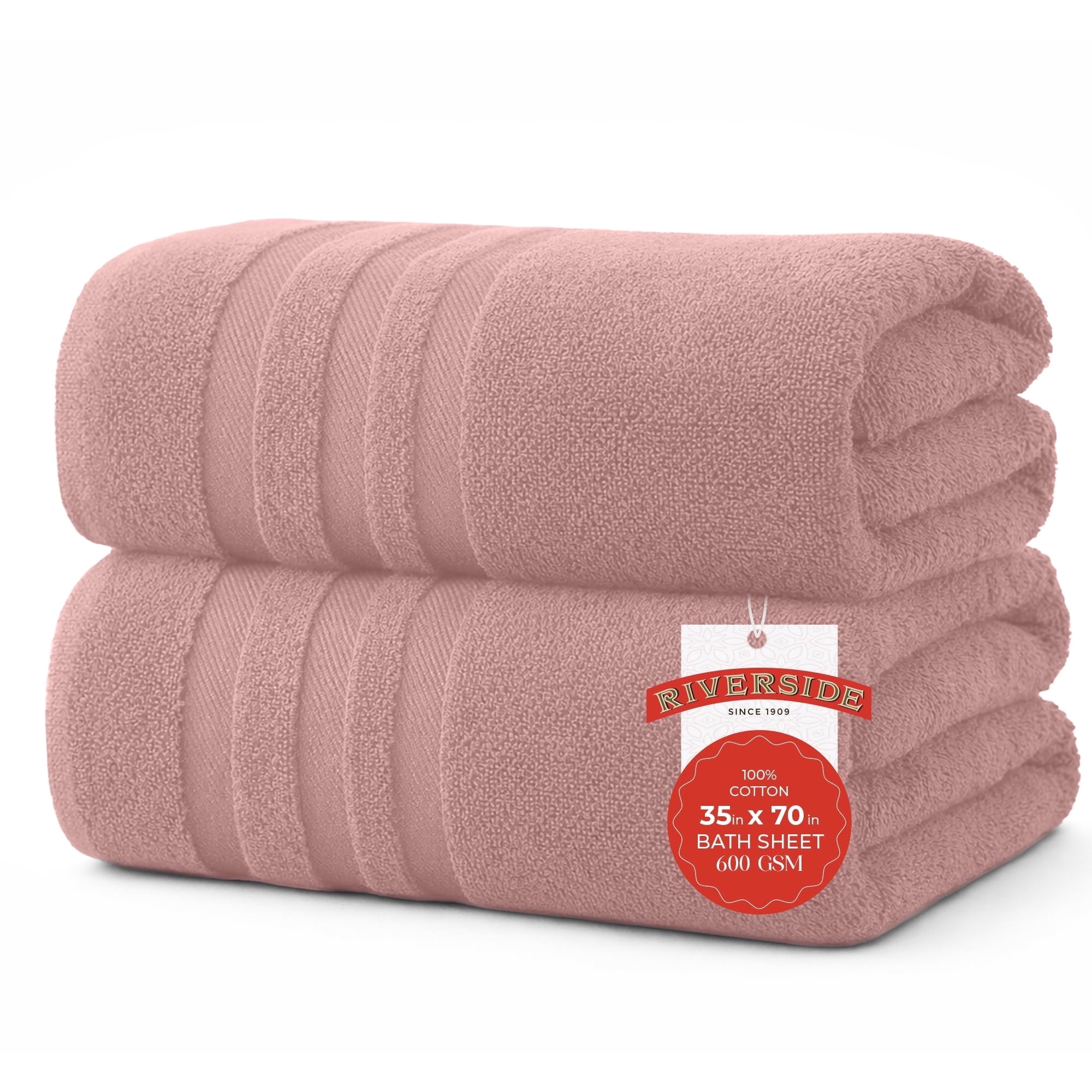 RIVERSIDE 2 Pack Luxury Bath Sheets 35×70 Soft Quick Dry Extra Large Cotton Towels 600 GSM Hotel Quality Spa - Dusky Pink