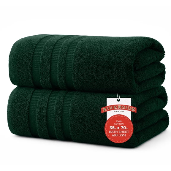RIVERSIDE 2 Pack Luxury Bath Sheets 35×70 Soft Quick Dry Extra Large Cotton Towels 600 GSM Hotel Quality Spa - Hunter Green