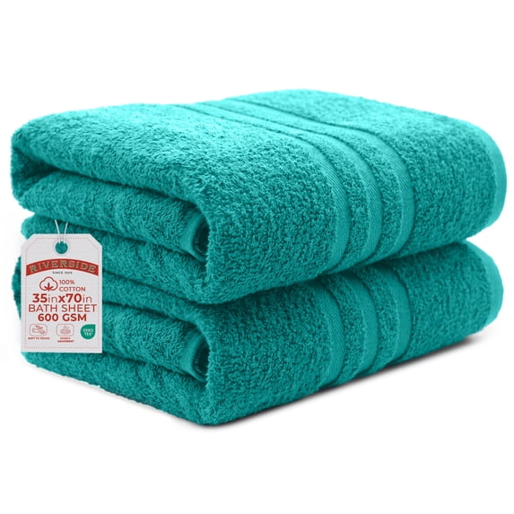 RIVERSIDE 2 Pack Luxury Bath Sheets 35×70 Soft Quick Dry Extra Large Cotton Towels 600 GSM Hotel Quality Spa - Teal