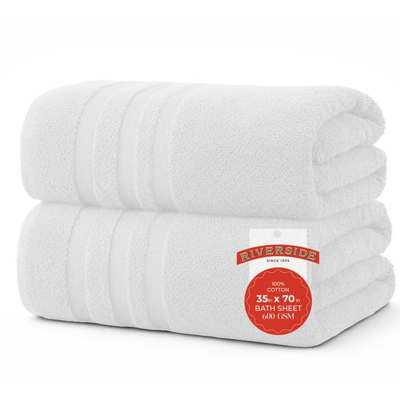 RIVERSIDE 2 Pack Luxury Bath Sheets 35×70 Soft Quick Dry Extra Large Cotton Towels 550 GSM Hotel Quality Spa - White