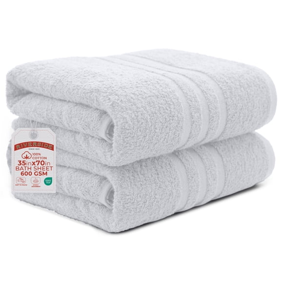 RIVERSIDE 2 Pack Luxury Bath Sheets 35×70 Soft Quick Dry Extra Large Cotton Towels 600 GSM Hotel Quality Spa - White