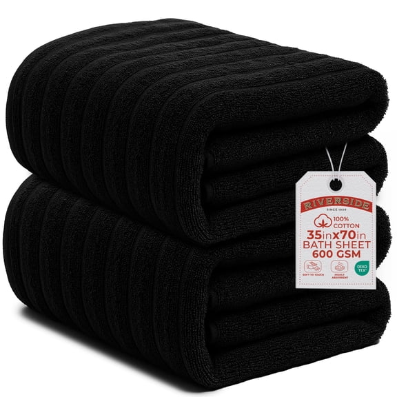 RIVERSIDE 2 Pack Oversized Bath Sheets 35x70 Soft Quick-Dry 600 GSM Ribbed Cotton Towels - Black