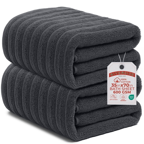 RIVERSIDE 2 Pack Oversized Bath Sheets 35x70 Soft Quick-Dry 600 GSM Ribbed Cotton Towels - Charcoal