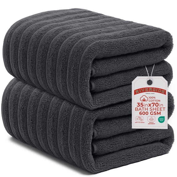 RIVERSIDE 2 Pack Oversized Bath Sheets 35x70 Soft Quick-Dry 600 GSM Ribbed Cotton Towels - Charcoal