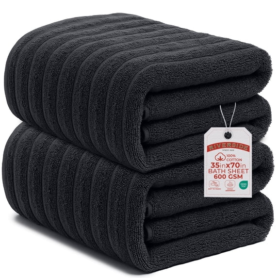 RIVERSIDE 2 Pack Oversized Bath Sheets 35x70 Soft and Absorbent 600 GSM Ribbed Cotton Towels - Charcoal