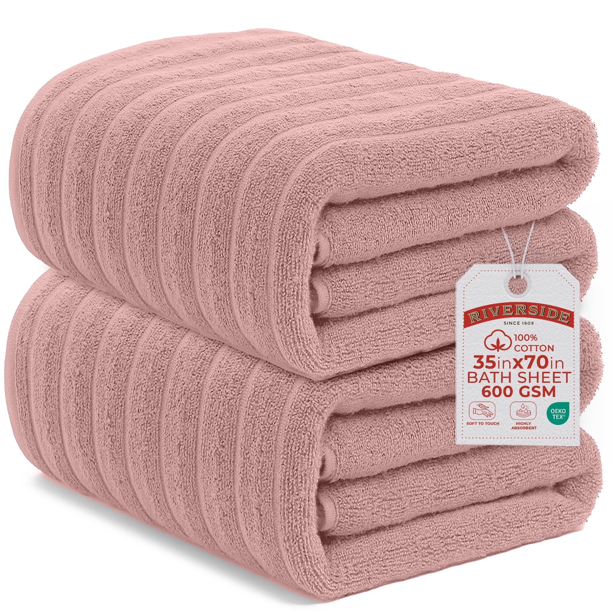 RIVERSIDE 2 Pack Oversized Bath Sheets 35x70 Soft Quick-Dry 600 GSM Ribbed Cotton Towels - Dusky Pink