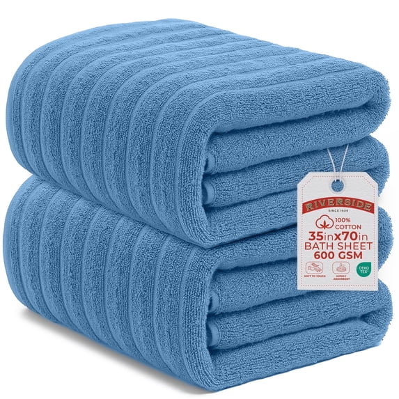 RIVERSIDE 2 Pack Oversized Bath Sheets 35x70 Soft Quick-Dry 600 GSM Ribbed Cotton Towels - Electric Blue