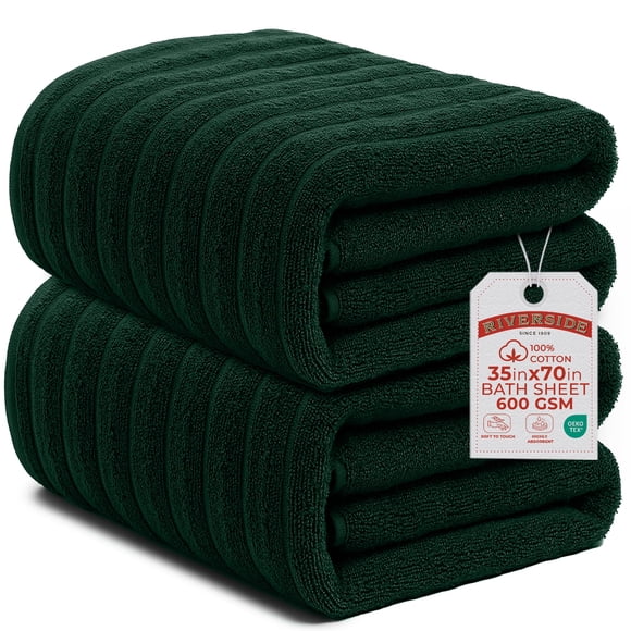 RIVERSIDE 2 Pack Oversized Bath Sheets 35x70 Soft Quick-Dry 600 GSM Ribbed Cotton Towels - Hunter Green