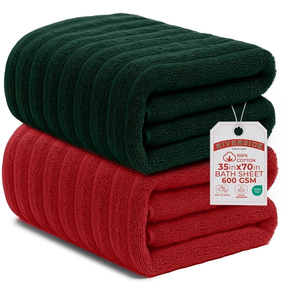 RIVERSIDE 2 Pack Oversized Bath Sheets 35x70 Soft Quick Dry 600 GSM Ribbed Cotton Towels - Red/Hunter Green