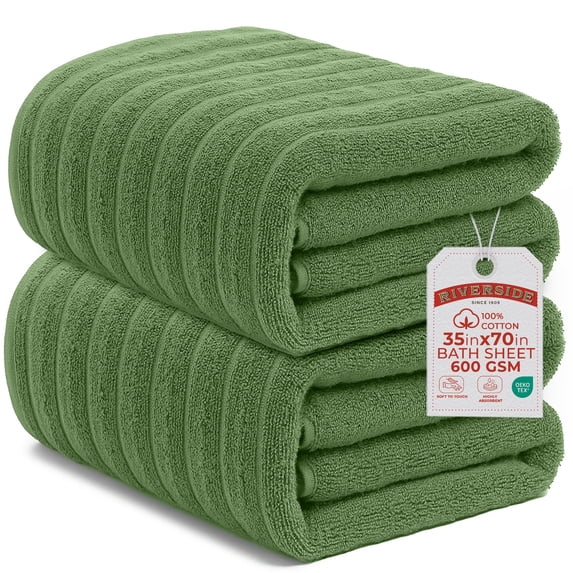 RIVERSIDE 2 Pack Oversized Bath Sheets 35x70 Soft and Absorbent 600 GSM Ribbed Cotton Towels - Sage