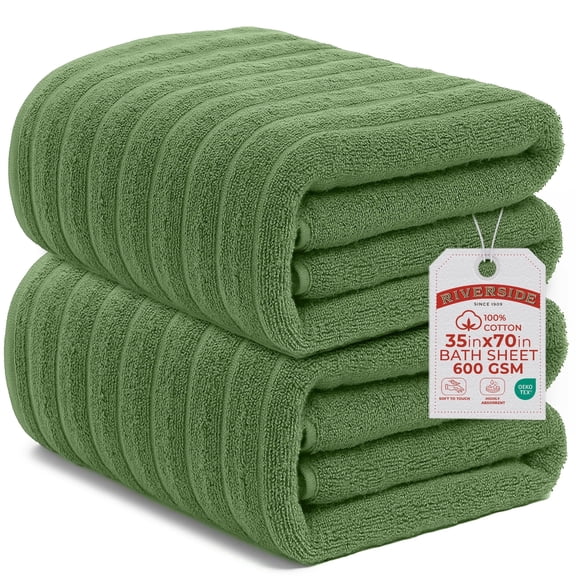 RIVERSIDE 2 Pack Oversized Bath Sheets 35x70 Soft Quick Dry 600 GSM Ribbed Cotton Towels - Sage
