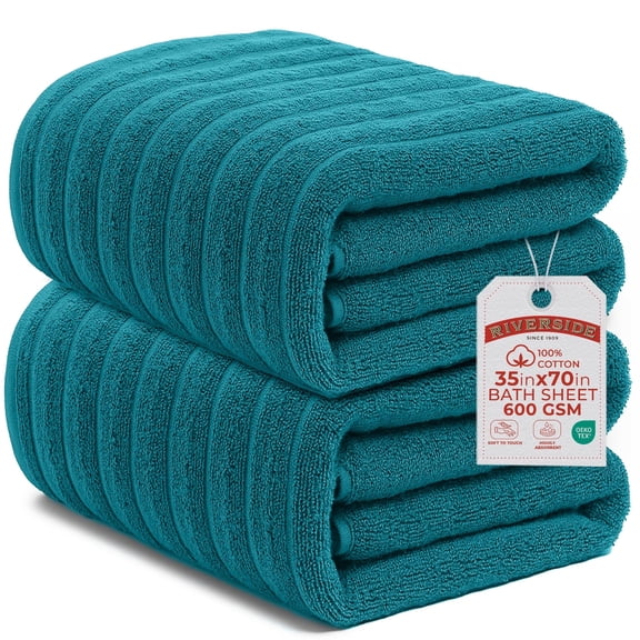 RIVERSIDE 2 Pack Oversized Bath Sheets 35x70 Soft Quick-Dry 600 GSM Ribbed Cotton Towels - Teal