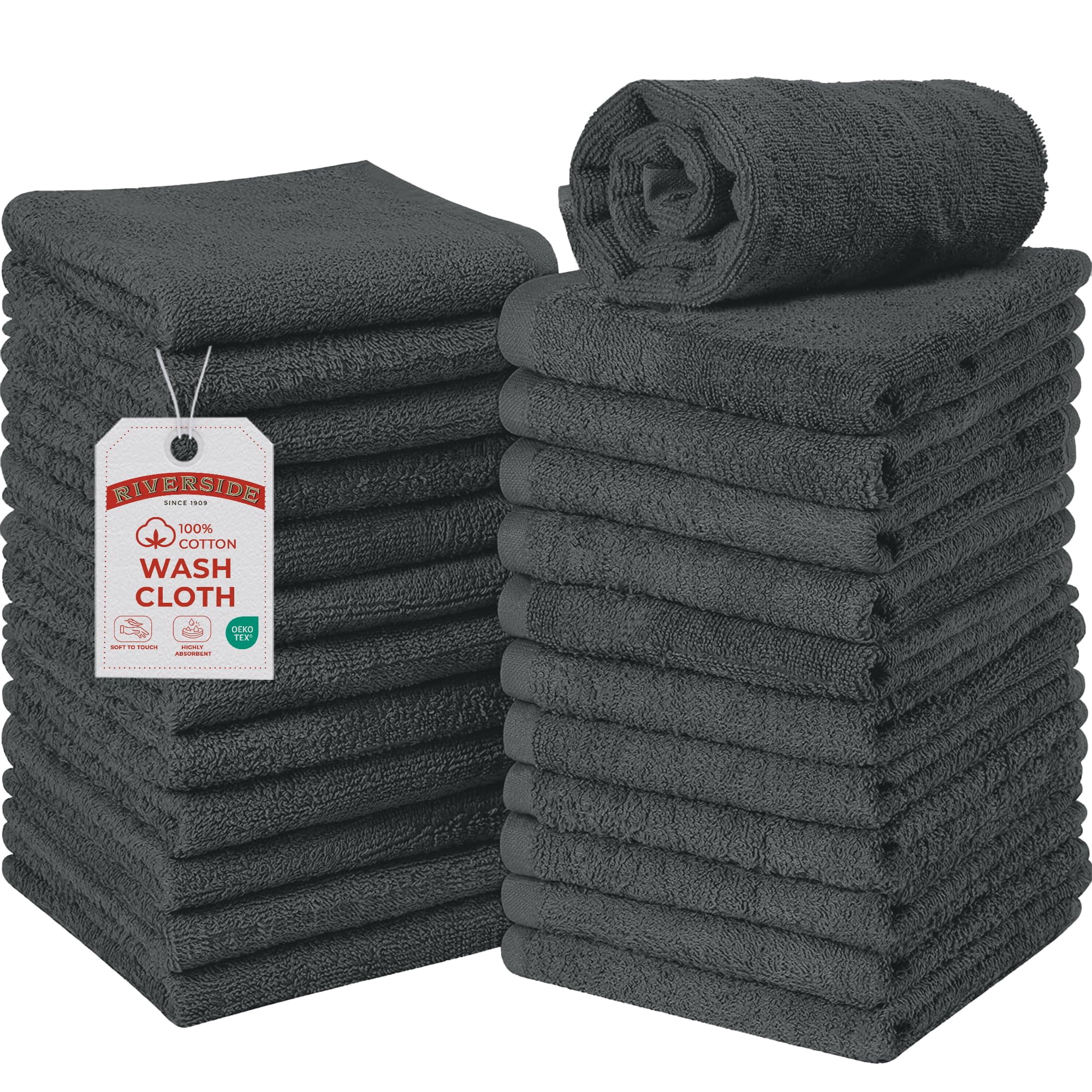RIVERSIDE 24 Pack Luxury Washcloths 12x12 with Soft Cotton 400 GSM Quick Dry and Absorbent for Face & Body - Ash