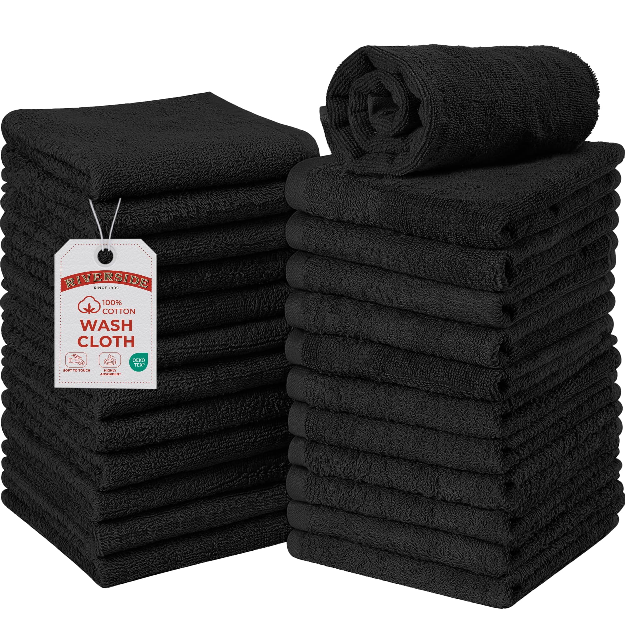 RIVERSIDE 24 Pack Luxury Washcloths 12x12 with Soft Cotton 400 GSM Quick Dry and Absorbent for Face & Body - Black