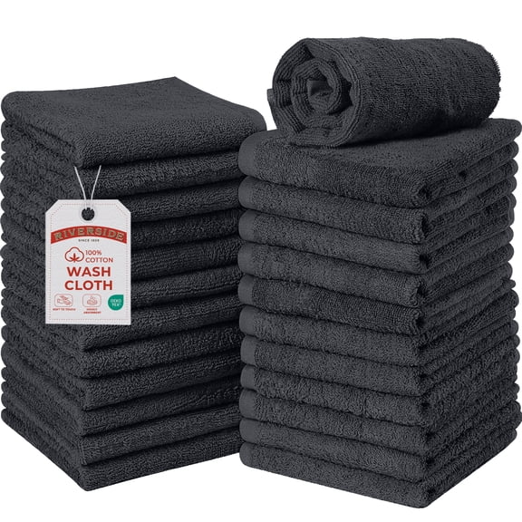 RIVERSIDE 24 Pack Luxury Washcloths 12x12 with Soft Cotton 400 GSM Quick Dry and Absorbent for Face & Body - Charcoal