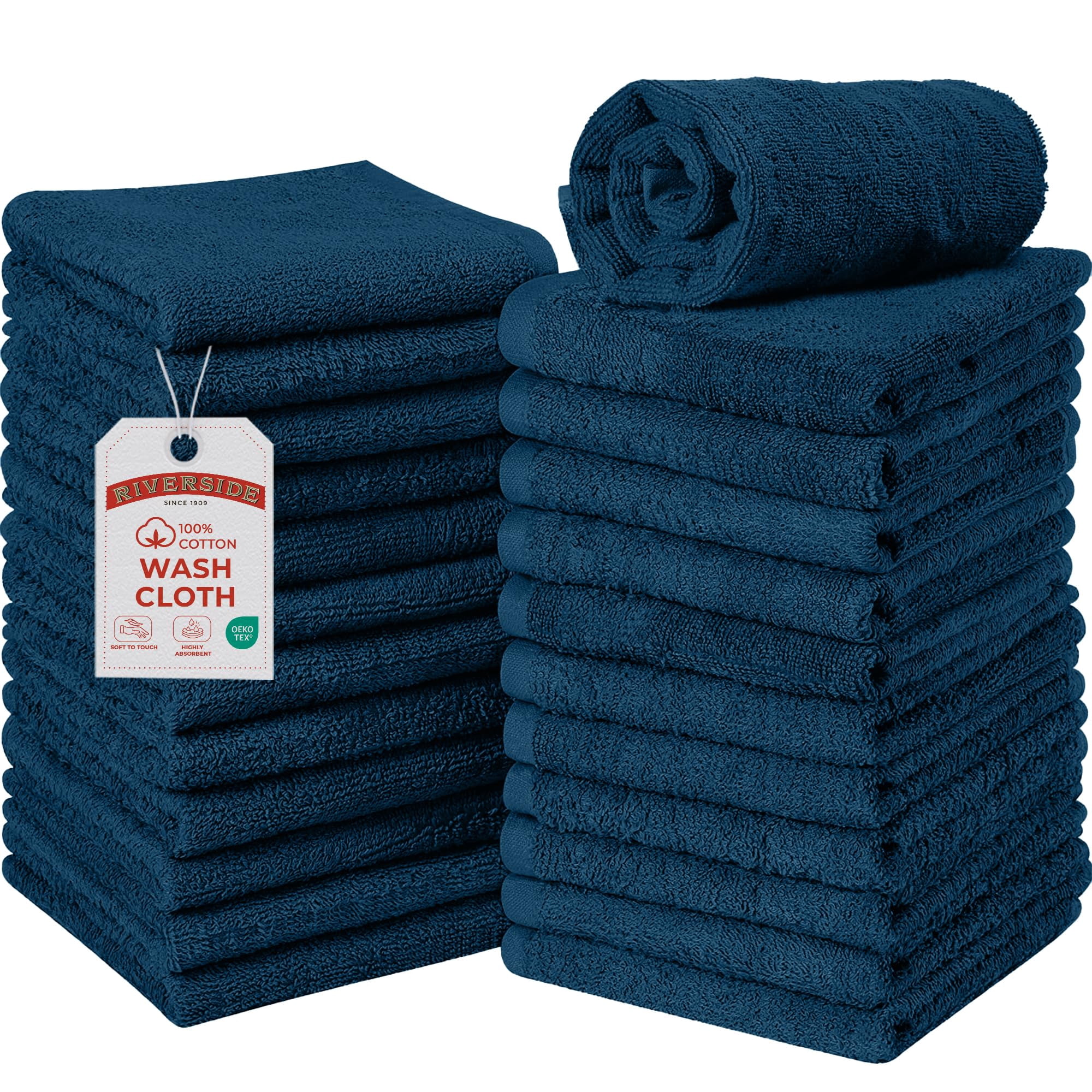 RIVERSIDE 24 Pack Luxury Washcloths 12x12 with Soft Cotton 400 GSM Quick Dry and Absorbent for Face & Body - Dark Blue