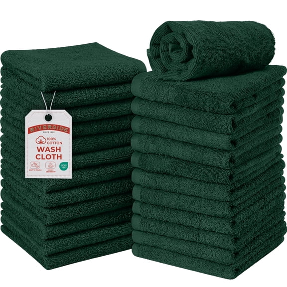 RIVERSIDE 24 Pack Luxury Washcloths 12x12 with Soft Cotton 400 GSM Quick Dry and Absorbent for Face & Body - Hunter Green