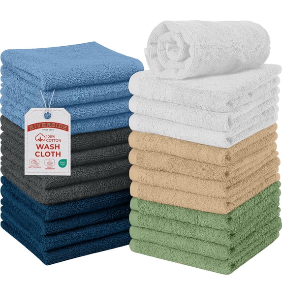 RIVERSIDE 24 Pack Washcloth 12x12 Soft Absorbent Cotton with Assorted Colors for Face, Body and Spa