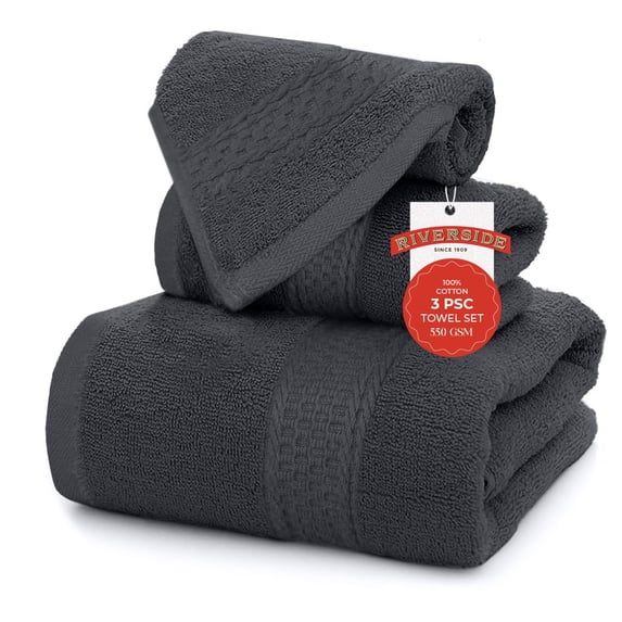 RIVERSIDE 3 Piece Cotton Towel Set Bath 27x54 and Hand 16x28 Towel with Washcloth 12x12, Lightweight & Soft - Charcoal