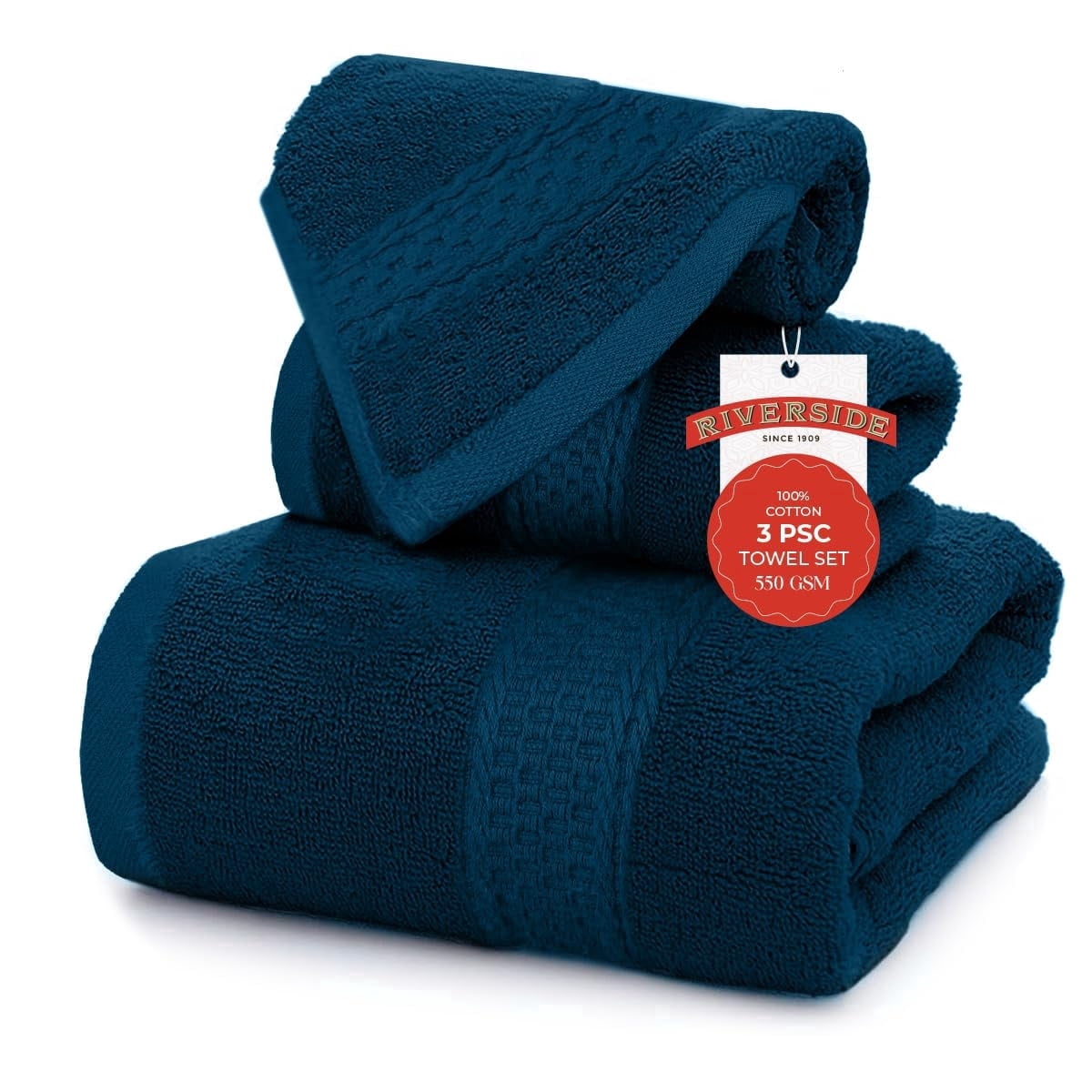 RIVERSIDE 3 Piece Cotton Towel Set Bath 27x54 and Hand 16x28 Towel with Washcloth 12x12, Lightweight & Soft - Dark Blue
