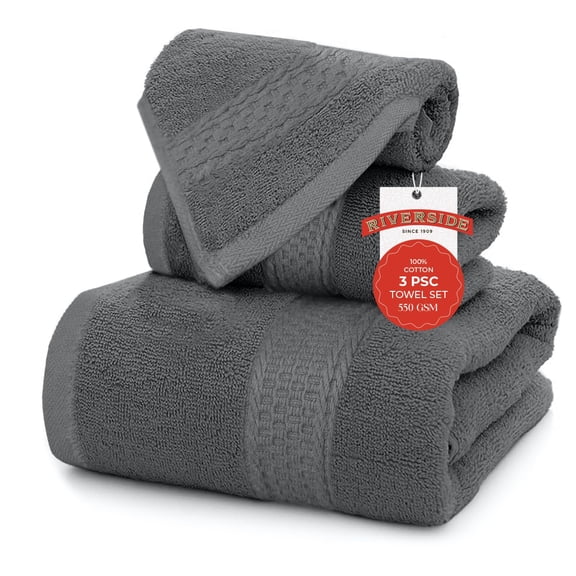 RIVERSIDE 3 Piece Cotton Towel Set Bath 27x54 and Hand 16x28 Towel with Washcloth 12x12, Lightweight & Soft - Gray
