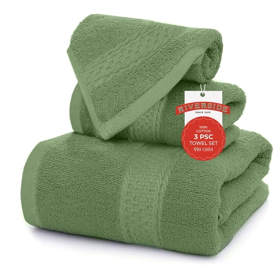 RIVERSIDE 3 Piece Cotton Towel Set Bath 27x54 and Hand 16x28 Towel with Washcloth 12x12, Lightweight & Soft - Sage
