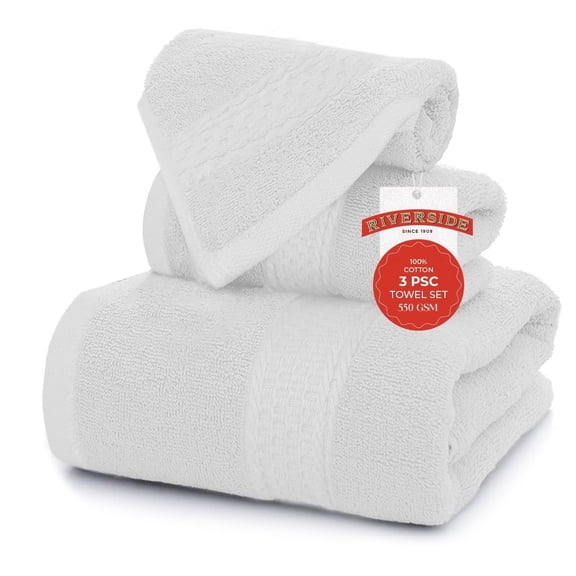 RIVERSIDE 3 Piece Cotton Towel Set Bath 27x54 and Hand 16x28 Towel with Washcloth 12x12, Lightweight & Soft - White