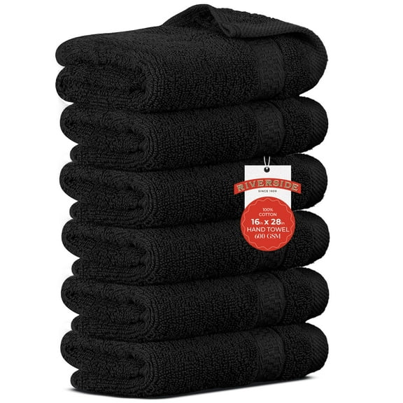 RIVERSIDE 6 Pack Hand Towels 16x28 Luxury Plush Cotton 600 GSM Absorbent Quick Dry Hotel Quality for Bathroom Spa - Black